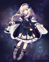 Rule 34 | 1girl, belt, belt buckle, black bow, black dress, blue bow, blue hairband, blush, boots, bow, brown belt, brown footwear, buckle, cape, closed mouth, commentary request, dress, green eyes, hair bow, hairband, head tilt, holding, holding lantern, lantern, light brown hair, long hair, long sleeves, looking at viewer, night, night sky, original, pocket watch, purin jiisan, sky, smile, solo, star (sky), star (symbol), starry sky, very long hair, watch, white cape