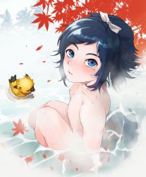 Rule 34 | 10s, 1boy, animal, bad id, bad pixiv id, black hair, blue hair, blush, knees, leaf, looking at viewer, looking up, male focus, mole, mole under eye, nipples, nude, onsen, outdoors, parted lips, partially submerged, ponytail, shiroinu, show by rock!!, solo, steam, touken ranbu, wading, water, yaiba (show by rock!!), yamato-no-kami yasusada