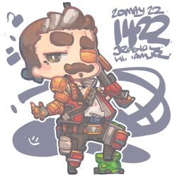 Rule 34 | 1boy, 30-30 repeater, animification, apex legends, black pants, brown hair, chibi, facial hair, fuse (apex legends), grey hair, gun, holding, holding gun, holding weapon, jacket, jrpencil, male focus, mechanical arms, multicolored hair, mustache, over shoulder, pants, red jacket, rifle, single mechanical arm, skull and crossbones, sleeveless, sleeveless jacket, solo, soul patch, streaked hair, weapon, weapon over shoulder