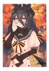 1girl ahoge autumn_leaves b9pqpy beret black_hair black_hat black_undershirt book braided_twintails collared_shirt dress ear_tag earrings hair_between_eyes hand_up hat highres holding holding_book jewelry leaf long_bangs long_hair long_hair_between_eyes long_sleeves looking_at_viewer manhattan_cafe_(umamusume) multicolored_hair open_mouth outdoors puffy_short_sleeves puffy_sleeves shirt short_sleeves single_earring solo tree umamusume very_long_hair white_dress white_hair yellow_eyes