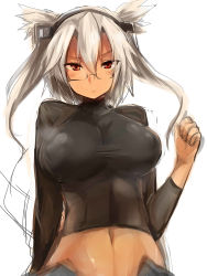 Rule 34 | 10s, 1girl, blonde hair, breasts, dark skin, dark-skinned female, covered erect nipples, glasses, hairband, highres, kantai collection, large breasts, long hair, looking at viewer, midriff, musashi (kancolle), navel, pointy hair, red eyes, red hair, solo, tsurime, twintails, two side up, yoshizawa tsubaki