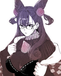 Rule 34 | 1girl, breasts, checkered clothes, cleavage, cone hair bun, double bun, eyewear strap, fate/grand order, fate (series), gem, glasses, hair bun, hair ornament, haori, highres, japanese clothes, large breasts, long hair, long sleeves, looking down, meeko, murasaki shikibu (fate), murasaki shikibu (second ascension) (fate), neck ruff, parted lips, portrait, purple theme, screentones, simple background, solo, white background