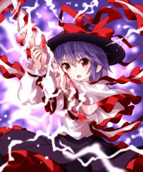 Rule 34 | 1girl, black headwear, black skirt, bow, capelet, cowboy shot, drill, frilled skirt, frills, hair between eyes, hair bow, highres, holding, lightning, lightning bolt symbol, long sleeves, looking at viewer, nagae iku, open mouth, purple background, purple hair, red bow, red eyes, ruu (tksymkw), shirt, short hair, skirt, solo, standing, touhou, v-shaped eyebrows, white capelet, white shirt