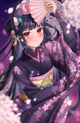Rule 34 | 1girl, alternate costume, blunt bangs, blush, bonnet, cherry blossoms, closed mouth, floral print, flower, flower knot, furisode, genshin impact, hair flower, hair ornament, hand fan, highres, hime cut, holding, holding fan, japanese clothes, kimono, long hair, looking at viewer, mikoto (0709mikoto), obi, petals, pink petals, purple hair, purple kimono, red eyes, sash, smile, solo, tassel, wide sleeves, yun jin (genshin impact)