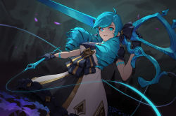 Rule 34 | + +, 1girl, absurdres, blue hair, blue pupils, checkered clothes, checkered legwear, cotta (heleif), dress, drill hair, gwen (league of legends), highres, holding, holding needle, holding scissors, league of legends, long hair, looking at viewer, needle, oversized object, parted lips, pink pupils, scar, scar on neck, scissors, solo, stitched neck, stitches, thread