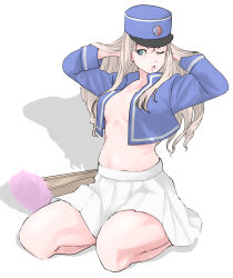 Rule 34 | 1girl, absurdres, arms up, bare legs, bc freedom (emblem), bc freedom military uniform, blonde hair, blue hat, blue jacket, breasts, drill hair, emblem, folding fan, frown, girls und panzer, green eyes, hand fan, hands in hair, hat, highres, jacket, kepi, kneeling, long hair, long sleeves, looking at viewer, marie (girls und panzer), medium breasts, military hat, military uniform, miniskirt, no shirt, one eye closed, open mouth, pleated skirt, shadow, skirt, skrmtl, solo, uniform, white skirt