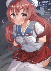 Rule 34 | 1girl, blue sailor collar, brown hair, commentary request, gloves, hands on own chest, hat, highres, kantai collection, long hair, looking at viewer, mizuta kenji, one-hour drawing challenge, pleated skirt, puffy short sleeves, puffy sleeves, red skirt, sailor collar, sailor hat, sailor shirt, shirt, short sleeves, skirt, solo, thick eyebrows, thighhighs, translation request, wardrobe malfunction, wavy hair, white gloves, white shirt, white thighhighs, yashiro (kancolle)