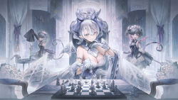 Rule 34 | 18 (backstreetno18), 4girls, absurdres, arianna the labrynth servant, arianne the labrynth servant, arm up, banner, bare shoulders, bouquet, breasts, chess piece, chessboard, chibi, cleavage, curtains, demon girl, demon horns, demon tail, demon wings, detached collar, detached sleeves, dress, duel monster, finger to own chin, flower, gloves, green eyes, grey eyes, grey hair, highres, holding chess piece, horns, indoors, knight (yu-gi-oh!), large breasts, lovely labrynth of the silver castle, low wings, maid headdress, multiple girls, open mouth, pink eyes, revision, short hair, sitting, sleeveless, sleeveless dress, sleeves past fingers, sleeves past wrists, table, tail, throne, white dress, wings, yu-gi-oh!