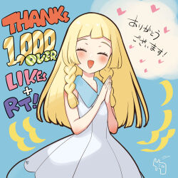 Rule 34 | 1girl, :d, bare arms, blonde hair, blush, braid, closed eyes, collared dress, commentary request, creatures (company), dress, eyelashes, facing viewer, game freak, hands up, heart, highres, kinocopro, lillie (pokemon), long hair, milestone celebration, nintendo, open mouth, own hands together, pokemon, pokemon sm, sleeveless, sleeveless dress, smile, solo, thank you, translation request, twin braids, white dress