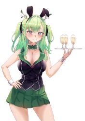 Rule 34 | 1girl, alternate costume, animal ears, black shirt, blush, bow, bowtie, breasts, bunny garden, buttons, ceres fauna, champagne flute, cleavage, closed mouth, commentary, contrapposto, cowboy shot, cup, detached collar, drinking glass, earrings, english commentary, fake animal ears, green bow, green bowtie, green hair, green skirt, hand on own hip, holding, holding tray, hololive, hololive english, horns, jewelry, large breasts, leotard, long hair, looking at viewer, mole, mole under eye, playboy bunny, pyrokuro, shirt, simple background, skirt, sleeveless, sleeveless shirt, smile, solo, tray, two side up, virtual youtuber, white background, wrist cuffs, yellow eyes