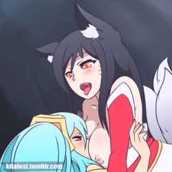 Rule 34 | &gt; &lt;, 2girls, ahri (league of legends), animal ears, animated, animated gif, between breasts, black hair, blue hair, blush, breast smother, breasts, closed eyes, face between breasts, face to breasts, head between breasts, kilalesi, large breasts, league of legends, long hair, multiple girls, naughty face, nipples, open mouth, riot games, saliva, sona (league of legends), tongue, tongue out, twintails, yuri
