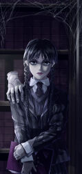 Rule 34 | 1girl, 1other, absurdres, addams family, artist request, black eyes, black hair, braid, crossed arms, expressionless, freckles, highres, lips, long hair, looking at viewer, parted bangs, portrait, solo, things, twin braids, wednesday (netflix), wednesday addams