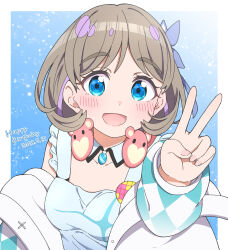 Rule 34 | 1girl, :d, blue background, blue collar, blue dress, blue eyes, blue ribbon, blush, border, collar, commentary, dated, detached collar, dress, frilled dress, frills, grey hair, hair ribbon, hajimari wa kimi no sora, happy birthday, highres, jacket, jenny (je2live), light particles, long sleeves, looking at viewer, love live!, love live! superstar!!, off shoulder, open clothes, open jacket, open mouth, outside border, parted bangs, ribbon, short hair, sleeveless, sleeveless dress, smile, solo, tang keke, upper body, v, white border, white jacket