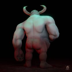 Rule 34 | 1boy, 3d, ass, bara, black nails, borrowed character, colored skin, completely nude, curled horns, demon boy, demon horns, dionysus (philipposole), facing away, from behind, full body, grey skin, highres, horns, large hands, male focus, monster boy, muscular, muscular male, nude, oneiros complexe, solo, standing, strongman waist, thick arms, v.dghtr (soevgdr), veins, veiny arms