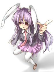 Rule 34 | 1girl, animal ears, black hair, deetamu, dress shirt, finger gun, from above, highres, long hair, looking at viewer, necktie, open mouth, pink eyes, purple hair, rabbit ears, red necktie, reisen udongein inaba, shirt, skirt, smile, solo, tam-out (datam), thighhighs, touhou, very long hair, white thighhighs