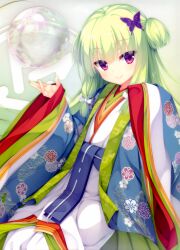 Rule 34 | 1girl, absurdres, alternate costume, blue kimono, blunt bangs, blush, bow, butterfly hair ornament, c:, closed mouth, eyes visible through hair, floral print, green hair, grey background, hair bow, hair ornament, hands up, highres, hime cut, japanese clothes, kimono, lips, long hair, looking at viewer, low-tied long hair, multicolored clothes, multicolored kimono, murasame (senren), muririn, official art, photoshop (medium), print kimono, red eyes, scan, senren banka, sidelocks, simple background, sleeves past wrists, smile, soap bubbles, solo, straight hair, third-party edit, two side up, very long hair, white bow, white kimono