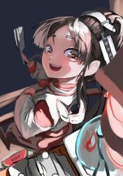 Rule 34 | 1girl, black hair, brown eyes, character request, check character, from above, hair tie, hakama, high ponytail, highres, japanese clothes, kantai collection, kariginu, long hair, looking back, multi-tied hair, nisshin (kancolle), nontraditional miko, open mouth, red hakama, sannsogyoraikai, short hair, solo, teeth, thick eyebrows, upper teeth only, very long hair