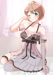 Rule 34 | 1girl, absurdres, ahoge, bare shoulders, bed sheet, black bow, blush, bow, braid, breasts, brown hair, camisole, closed mouth, collarbone, detached sleeves, dot nose, dress bow, frilled camisole, frills, green eyes, hair between eyes, hand up, highres, idolmaster, idolmaster million live!, idolmaster million live! theater days, indoors, large breasts, light brown hair, looking at viewer, morning, on bed, one eye closed, pink camisole, pink curtains, pink sleeves, sakuramori kaori, short hair, sitting, smile, solo, tanukiinu005, wariza, window