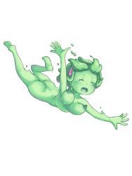 Rule 34 | 1girl, absurdres, arm up, ass, breasts, collarbone, colored nipples, colored skin, closed eyes, falling, female focus, full body, green hair, green nipples, green skin, happy, highres, kalia3see, monster girl, nude, open mouth, personification, simple background, slime (terraria), slime girl, solo, terraria, white background