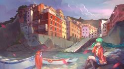 Rule 34 | 1girl, ahoge, arm at side, beach, blue skirt, boat, building, collared shirt, floating hair, green hair, hair ribbon, tucking hair, hatsune miku, italy, jacket, kneehighs, lifebuoy, long hair, long sleeves, open clothes, open jacket, outdoors, petals, real world location, red jacket, ribbon, rock, shadow, shirt, sitting, sitting on rock, skirt, sky, socks, solo, sunset, swim ring, twintails, very long hair, village, vocaloid, water, watercraft, white shirt, wind, xinuo223