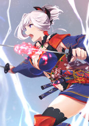 Rule 34 | 1girl, bare shoulders, black thighhighs, blue eyes, blue kimono, blue sky, blush, breasts, cleavage, clothing cutout, detached sleeves, dual wielding, earrings, fate/grand order, fate (series), hair ornament, holding, holding sword, holding weapon, japanese clothes, jewelry, katana, kimono, large breasts, lightning, long hair, long sleeves, magatama, miyamoto musashi (fate), miyamoto musashi (third ascension) (fate), murio, navel, navel cutout, obi, open mouth, pink hair, ponytail, sash, sheath, sky, solo, swept bangs, sword, thighhighs, weapon, wide sleeves