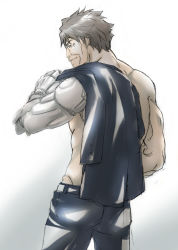 Rule 34 | 1boy, black pants, brown hair, from behind, jacket, jacket over shoulder, male focus, masaoka tomomi, mechanical arms, millipen (medium), old, old man, pants, prosthesis, prosthetic arm, psycho-pass, short hair, simple background, single mechanical arm, sketch, solo, standing, taketake09190920, toned, toned male, topless male, traditional media, unworn jacket, white background