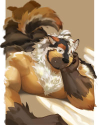 Rule 34 | 1boy, absurdres, animal ear fluff, animal ears, ass, bara, black fur, blurry, blurry background, boogbogex, brown eyes, brown fur, chest hair, dog boy, dog ears, dog tail, elbow rest, fangs, furry, furry male, haki (boogbogex), highres, large pectorals, legs up, light smile, looking at viewer, male focus, muscular, muscular male, orange fur, original, pectoral press, pectorals, short hair, solo, tail, whiskers, white fur
