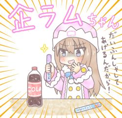 Rule 34 | 1girl, blue eyes, brown hair, coat, cola, hat, laughing, long hair, mentos, meruku tea, mint, neptune (series), open mouth, ram (neptunia), ribbon, simple background, snickering, white background, winter clothes, winter coat