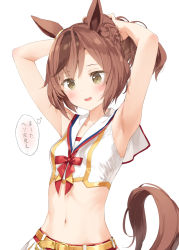 Rule 34 | 1girl, animal ears, armpits, arms behind back, arms up, bare arms, bare shoulders, blush, breasts, brown eyes, brown hair, collarbone, commentary request, crop top, highres, horse ears, horse girl, horse tail, kani biimu, midriff, multicolored hair, navel, nice nature (run&amp;win) (umamusume), nice nature (umamusume), ponytail, sailor collar, shirt, simple background, sleeveless, sleeveless shirt, small breasts, solo, streaked hair, tail, tail raised, translation request, tying hair, umamusume, white background, white sailor collar, white shirt