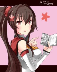 Rule 34 | 1girl, :d, black hair, book, character request, cherry blossoms, commentary request, copyright request, detached sleeves, flower, hair flower, hair ornament, hebitsukai-san, highres, holding, holding book, kantai collection, long hair, looking at viewer, open mouth, pointing, ponytail, red eyes, smile, yamato (kancolle)