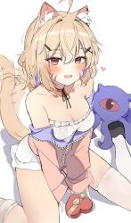 Rule 34 | 1girl, animal ears, blush, breasts, cat ears, cleavage, hair ornament, hairpin, heart, highres, looking at viewer, orobou, red eyes, sitting, squchan, tail