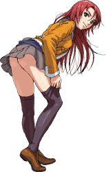 Rule 34 | 00s, 1girl, adjusting clothes, adjusting legwear, aged up, aliasing, ass, bent over, black thighhighs, female focus, from side, green eyes, long hair, looking at viewer, looking back, my-hime, nigou, no panties, oekaki, red hair, school uniform, serafuku, simple background, skirt, solo, thighhighs, tsurime, white background, wind, wind lift, yuuki nao
