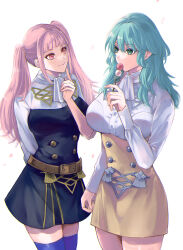 Rule 34 | 2girls, arm behind back, ascot, belt, blue thighhighs, breasts, brown belt, brown skirt, buttons, byleth (female) (fire emblem), byleth (fire emblem), closed mouth, dango, enlightened byleth (female), fire emblem, fire emblem: three houses, food, garreg mach monastery uniform, green eyes, grey hair, high-waist skirt, highres, hilda valentine goneril, holding, holding food, large breasts, long hair, looking at another, mokichi xx, multiple girls, nintendo, simple background, skirt, smile, thighhighs, twintails, uniform, wagashi, white ascot, white background