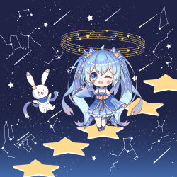 Rule 34 | 1girl, ;d, absurdly long hair, animal, beamed eighth notes, blue bow, blue dress, blue eyes, blue footwear, blue hair, blue ribbon, blue scarf, blush stickers, bow, cancer (constellation), chibi, commentary, constellation, detached sleeves, dress, falling star, hatsune miku, highres, holding, jiucheng nainai, libra (constellation), long hair, long sleeves, musical note, one eye closed, open mouth, pleated dress, rabbit, ribbon, scarf, shooting star, sleeveless, sleeveless dress, smile, snowflakes, standing, star (symbol), striped bow, striped clothes, striped ribbon, striped scarf, twintails, very long hair, vocaloid, wide sleeves, yuki miku, yukine (vocaloid)