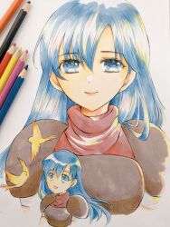 Rule 34 | 1girl, art tools in frame, bird, blue eyes, blue hair, caeda (fire emblem), chika 1, closed mouth, commentary request, eyelashes, fire emblem, fire emblem: mystery of the emblem, hair between eyes, long hair, looking at viewer, multiple views, nintendo, open mouth, photo (medium), smile, traditional media, upper body, white background
