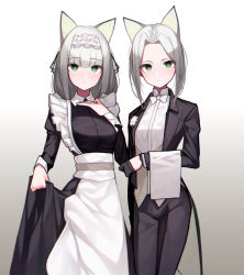 Rule 34 | 1girl, 2girls, absurdres, animal ears, apron, arknights, beudelb, black dress, black gloves, black jacket, black pants, blunt bangs, blush, bow, breasts, bright pupils, butler, cat ears, closed mouth, coattails, dress, dual persona, forehead, frilled apron, frills, gloves, gradient background, green eyes, grey background, hand on own chest, highres, jacket, kal&#039;tsit (arknights), long hair, long sleeves, looking at viewer, maid, maid headdress, medium breasts, multiple girls, official alternate costume, open clothes, open jacket, pants, shirt, short hair, silver hair, skirt hold, white apron, white bow, white neckwear, white shirt