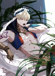 Rule 34 | 1boy, absurdres, bare pectorals, blonde hair, fate/grand order, fate (series), gilgamesh, gilgamesh (caster) (fate), gilgamesh (fate), highres, lying, male focus, on back, open mouth, pectorals, pillow, plant, red eyes, sasakitogd, short hair, shoulder tattoo, solo, tattoo, turban, vest