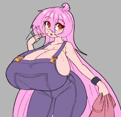 Rule 34 | 1girl, ahoge, blush, breasts, eyebrows, gigantic breasts, grey background, huge breasts, long hair, masked agent, orange eyes, overalls, pink hair, unworn shirt, solo, sweat, thick thighs, thighs, topless, ursula (masked agent)