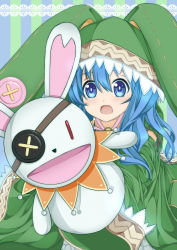 Rule 34 | 10s, 1girl, animal hood, blue eyes, blue hair, boots, rabbit hood, date a live, dress, frilled dress, frills, highres, hood, matching hair/eyes, solo, stuffed animal, stuffed toy, white dress, whitewisewolf, wisewolf art, yoshino (date a live), yoshinon
