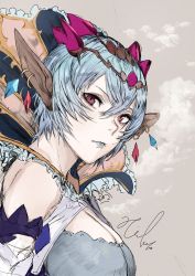 Rule 34 | 1girl, blue hair, blue lips, breasts, circlet, cleavage, earrings, granblue fantasy, high collar, highres, hiranko, jewelry, large breasts, lipstick, macula marius, makeup, pointy ears, portrait, purple eyes, short hair, signature, solo