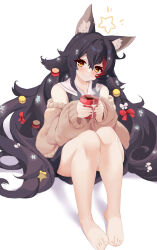 Rule 34 | 1girl, absurdres, animal ear fluff, animal ears, barefoot, black hair, blush, bow, brown eyes, christmas ornaments, commentary, crossed bangs, cup, hair bow, hair ornament, head tilt, highres, holding, holding cup, hololive, long hair, long sleeves, looking at viewer, multicolored hair, off shoulder, ookami mio, red hair, simple background, sitting, smile, solo, star (symbol), star hair ornament, streaked hair, symbol-only commentary, very long hair, virtual youtuber, white background, wolf ears, wolf girl, xiaodong327399