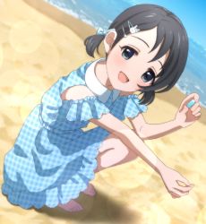 Rule 34 | 1girl, barefoot, beach, black eyes, blue bow, blue dress, blush, bow, checkered clothes, checkered dress, child, clothing cutout, collared dress, commentary, day, dot nose, dress, female focus, full body, gem, hair bow, hair ornament, hairclip, highres, holding, holding rock, holding shell, idolmaster, idolmaster cinderella girls, light blush, looking at viewer, megabee e, ocean, open mouth, outdoors, rabbit hair ornament, rock, sand, sasaki chie, shell, short hair, short twintails, shoulder cutout, smile, solo, squatting, symbol-only commentary, toes, twintails, water