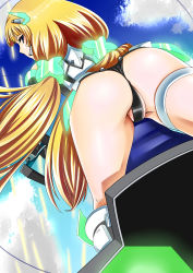 Rule 34 | 1girl, absurdres, angela balzac, artist request, ass, bare shoulders, blonde hair, blue eyes, bodysuit, cockpit, come hither, from behind, from below, grin, headgear, highres, huge ass, leotard, long hair, looking at viewer, looking back, low twintails, naughty face, rakuen tsuihou, shiny skin, smile, solo, thigh strap, thong, thong leotard, twintails, very long hair