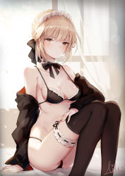 Rule 34 | 1girl, aiko (kanl), artoria pendragon (all), artoria pendragon (fate), bad id, bad pixiv id, bikini, black bow, black panties, black thighhighs, bow, breasts, brown eyes, curtains, fate (series), groin, hand on own knee, highres, indoors, looking at viewer, maid, maid bikini, maid headdress, medium breasts, on bed, panties, saber alter, sitting, solo, swimsuit, thigh strap, thighhighs, unconventional maid, underwear