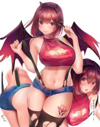 Rule 34 | 1girl, absurdres, ass, bad id, bad twitter id, bare arms, bare shoulders, black thighhighs, breasts, cleavage, cleavage cutout, closed mouth, clothing cutout, commentary request, crop top, denim, denim shorts, hairband, hands up, heart, heart tattoo, highres, holding, inushima, large breasts, looking at viewer, micro shorts, midriff, multiple views, navel, original, parted lips, red eyes, red hair, red shirt, shirt, short hair, shorts, sleeveless, sleeveless shirt, smile, stomach, suspenders, suspenders pull, tattoo, thighhighs, thighs, torn clothes, torn legwear, translation request
