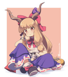 Rule 34 | 1girl, black footwear, blush, bow, brown background, brown eyes, brown hair, chain, closed mouth, hair bow, hand up, horn bow, horn ornament, horns, ibuki suika, kuromiya, long hair, looking at viewer, one-hour drawing challenge, purple bow, purple skirt, red bow, shirt, shoes, sitting, skirt, sleeveless, sleeveless shirt, smile, solo, touhou, twitter username, two-tone background, very long hair, white background, white shirt, wrist cuffs