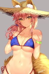 Rule 34 | 10s, 1girl, animal ears, bikini, blue bikini, blush, bracelet, breasts, cleavage, commentary request, ears through headwear, fate/extra, fate/grand order, fate (series), fox ears, fox tail, halterneck, hat, jewelry, large breasts, long hair, looking at viewer, low tied hair, marine day, mataro (matarou), navel, pink hair, side-tie bikini bottom, side ponytail, smile, solo, string bikini, swimsuit, tail, tamamo (fate), tamamo no mae (fate/extra), tamamo no mae (swimsuit lancer) (fate), yellow eyes