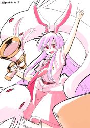 Rule 34 | &gt;:d, 1girl, :d, animal ears, arm up, blush, highres, long hair, lunatic gun, mana (gooney), open mouth, pointing, pointing up, purple hair, rabbit ears, rabbit girl, rabbit tail, red eyes, reisen udongein inaba, sketch, smile, solo, tail, tareme, teeth, touhou, twitter username, v-shaped eyebrows, very long hair