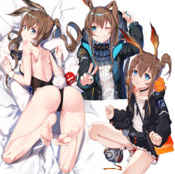 Rule 34 | 1girl, ;d, absurdres, amiya (arknights), animal ears, arknights, ass, back, bare legs, bare shoulders, barefoot, bed sheet, black jacket, black leotard, black skirt, blue eyes, blush, breasts, brown hair, clenched teeth, detached collar, fake animal ears, feet, frilled skirt, frills, from behind, full body, gatari, hair between eyes, highres, hood, hooded jacket, jacket, legs up, leotard, long hair, long sleeves, looking at viewer, looking back, lying, miniskirt, multiple girls, multiple views, no shoes, on bed, on stomach, one eye closed, open clothes, open jacket, open mouth, playboy bunny, rabbit ears, rabbit girl, rabbit tail, shoes, short hair with long locks, shoulder blades, sideboob, sidelocks, skirt, small breasts, smile, sneakers, socks, soles, strapless, strapless leotard, tail, teeth, thighs, toes, v, white legwear, wrist cuffs
