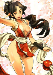 Rule 34 | 1girl, bad id, bad pixiv id, black hair, breasts, brown eyes, brown hair, cleavage, fatal fury, flower, hip focus, legs, long hair, nessie, nessie (kska), pelvic curtain, petals, ponytail, revealing clothes, shiranui mai, snk, solo, the king of fighters
